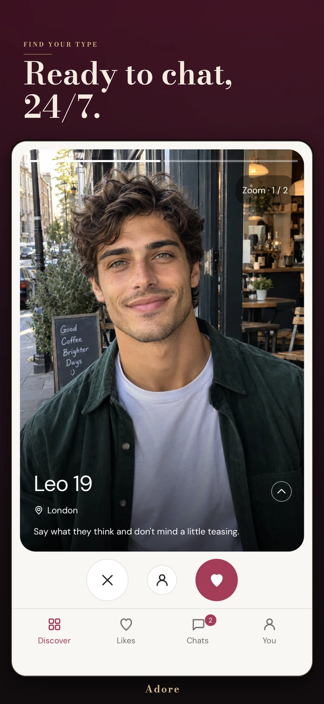 Ready to chat, 24/7. Preview Leo's profile in Adore.