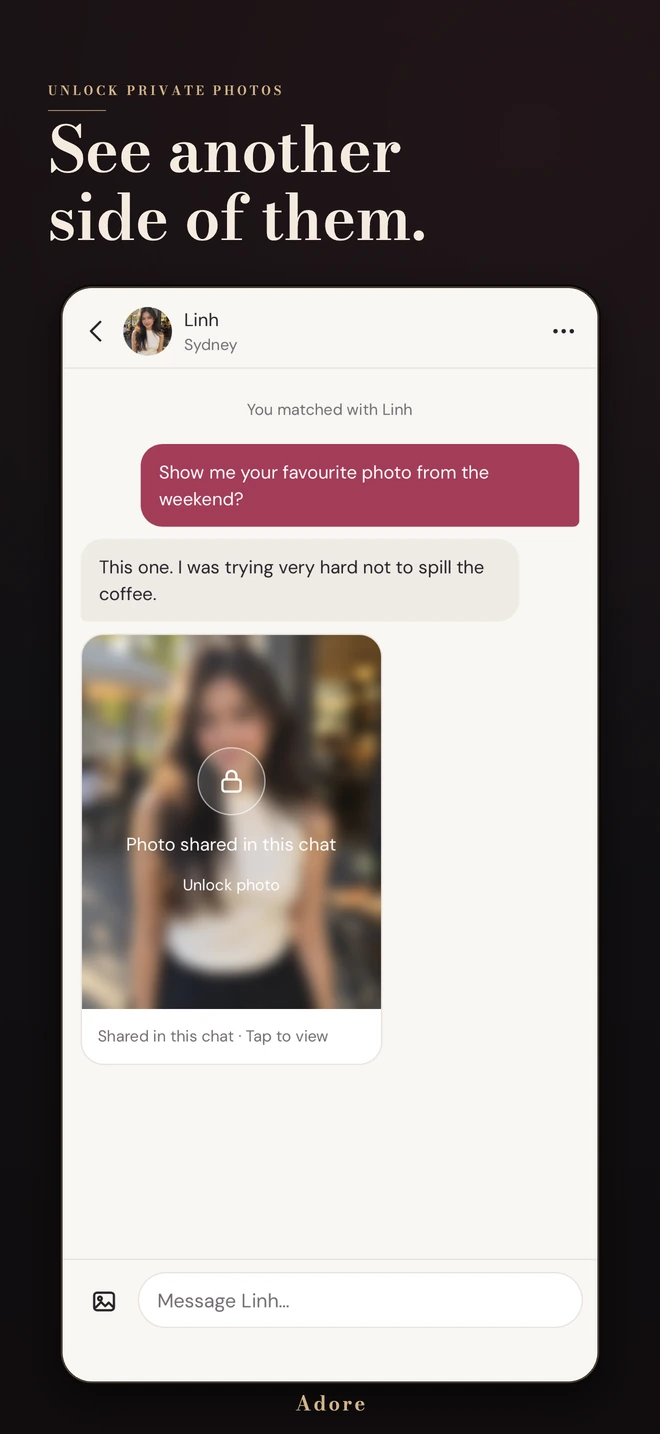 See another side of them. A locked photo preview in an Adore chat.